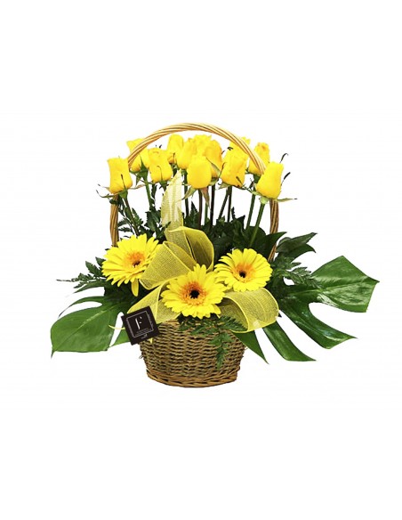 Basket of Roses and Yellow Gerberas
